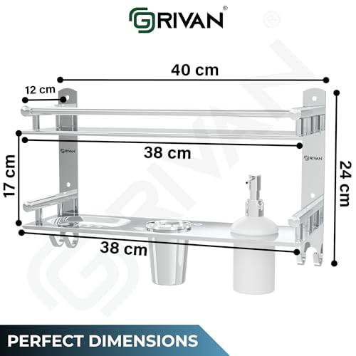 Image of GRIVAN Stainless Steel 6-in-1 Bathroom 2-Tier Shelf Rack with Soap Dish, Toothbrush Holder, Tumbler & Liquid Soap Dispenser (Silver Chrome, 16x10 Inch)
