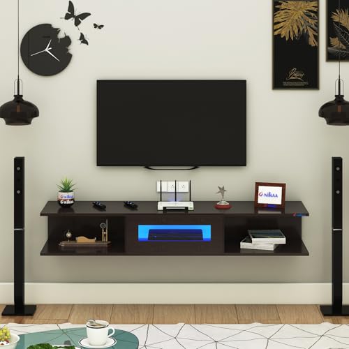 Image of Anikaa Vetra Wall Mount Modern Floating TV Unit for Living Room with Open Shelf Storage Cabinet & Middle Cabinet Blue LED Light (Ideal for 32 to 65 inch TV, DIY Installation, Wenge Finish)