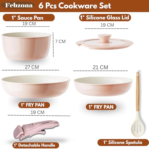 Image of Febzona 6 Pcs Pots and Pans Non Stick Cookware Combo Set Induction Ready, with Detachable Handle, Stackable Kitchen Cooking Set Removable Handle, Oven Safe, frypan Tea pan Utensils (Pink Dual)