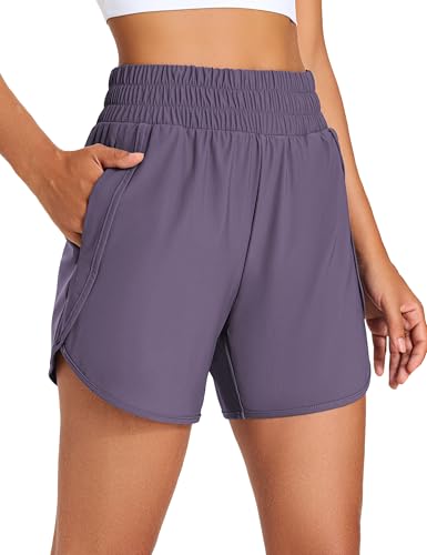 Womens Athletic Running Shorts 5 High Waisted Summer Workout Gym Shorts with Zipper Pockets Lightweight Quick Dry Purple M