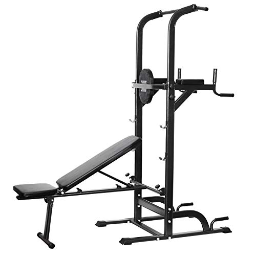 Power Tower Dip Station High Capacity 800lbs w/Weight Sit Up Bench Adjustable Height Heavy Duty Steel Multi-Function Fitness Pull Up Chin Up Tower Equipment for Home Office Gym Dip Stands (Black)