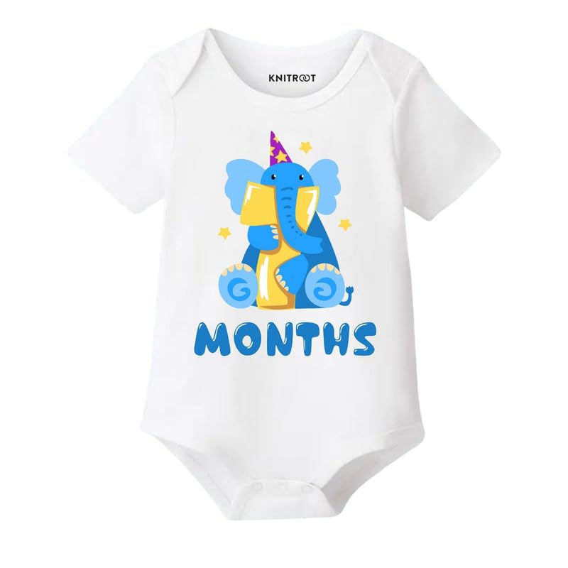 Image of KNITROOT Monthly Birthday Special Unisex Baby Romper Half Sleeve White Color