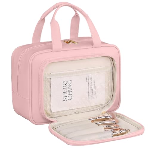 SYEXDZON Neceser de Tamaño Completo, Bolsa de Maquillaje de Gran Tamaño Abierto, Bolsa de Maquillaje de Viaje con Múltiples Compartimentos (Rosa)