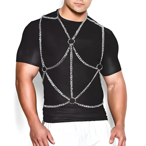 ZEOABSY Arnés de pecho para hombre, arnés de cuerpo de acero inoxidable para hombre, arnés sexy con cinturón de arnés para trajes musculares para fiestas, discotecas, cosplay, club, declaración de
