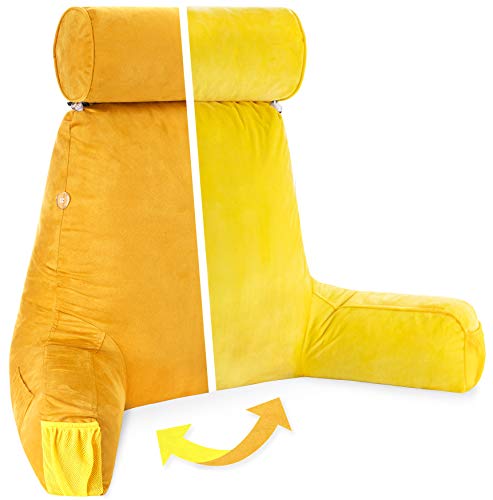 Husband Pillow Medium Aspen Edition Gold Rush, Sit Up Reading & Bed Rest with Arms, Ultra-Comfy, Detach Neck Roll - Premium Shredded Memory Foam Backrest, Reverses to Micro: Suede or Plush