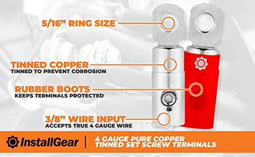 Installgear 4 Gauge Tinned Pure Copper Set Screw Ring Terminals With Rubber Boots, 4-Pack | Electrical Connectors, Heat Shrink Wire Connectors For 4 Gauge Wire #TOP1