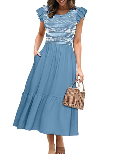 Image of Simplee Womens Summer Midi Dress Casual Boho Smocked Waist Flutter Sleeve A Line Flowy Tiered Dress with Pockets