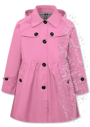 Betusline Girls Rain Jackets Lightweight Waterproof Hooded Trench Coat Windbreaker Raincoats for Girls Waterproof-Deep Pink 9-10 Years
