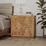 COZAYH Burl Finish 3 Drawer Nightstand, Rustic Farmhouse Dresser with Metal Handles, Vintage Accent Wood Storage Bedside Table for Bedroom, Fully Assembled, Natural, Brown
