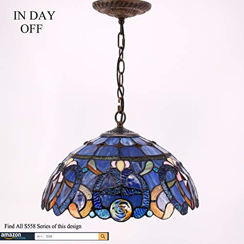 Werfactory Tiffany Pendant Light Fixture Blue Purple Cloud Stained Glass Hanging Lamp Wide 16 Inch, Height 40 Inch S558 Series #TOP4