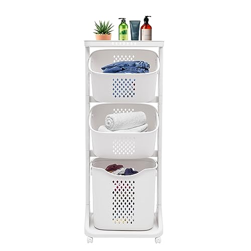 3 Tier Laundry Sorter Trolley Cart, Washing Hamper Rolling Clothes Bin with Top Shelf, 4 Universal Wheels, Laundry Baskets for Kitchen Bathroom Bedroom, White