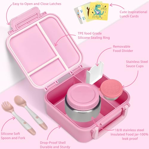 Kids Bento Lunch Box with 9oz Soup Thermo Leakproof Lunch Food Containers 4 Compartment with Insulated Hot Food Jar for Kid Toddler Girls Boys to School, Trvael - Image 4