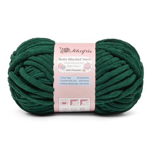 Image of 3.5 oz /49.2 yds Chunky Chenille Yarn for Crocheting, #7 Super Bulky Baby Blanket Yarn for Crocheting Soft, Fluffy Velvet Yarn for Knitting, Amigurumi Crochet Yarn for Crafts (Dark Green)