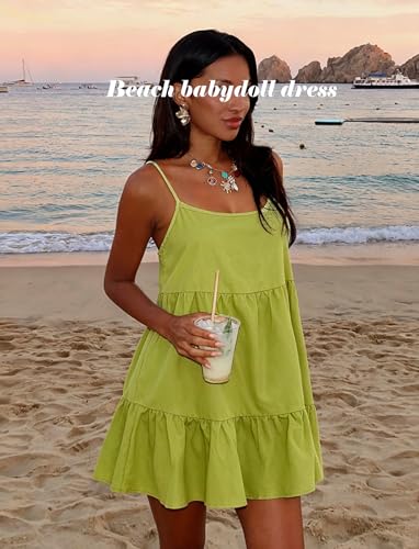 Image of OZICERD Flowy Short Sundress Mini Babydoll Dresses for Women Going Out Tiered Ruffle Beach Spaghetti Strap Swing Dress Cute