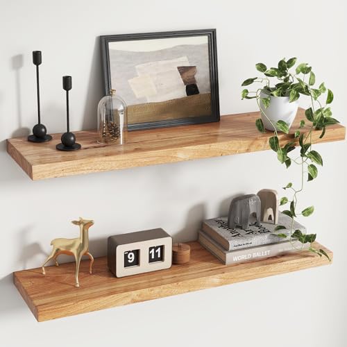 Reclaimed Elm Wood Floating Shelves for Wall, Flat Edge 36"W