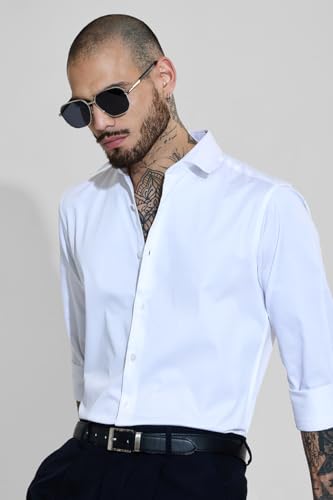 Image of SNITCH Men Formal Shirt | Slim Fit Long Sleeve Spread Collar Solid Design | Premium Cotton Blend & Breathable Fabric for Office & Casual Wear
