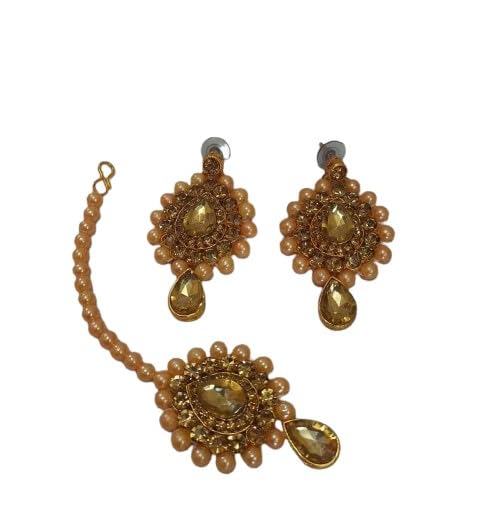 Fashion Women Pearl Gold-Plated Stone Maang tikka With A Pair of Earrings for Mehndi, Haldi, Wedding, Godbharai, Bridal-Golden Colour (B0CBYKC15P) Amazon Price History, Amazon Price Tracker