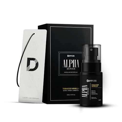 Image of DIFFUZE ALPHA Series Tobacco Vanilla Car Perfume Spray with Hanging Card - 30 ml | Premium Masculine Car Fragrance for Men | Long Lasting Warm & Spicy Scent | Luxury Car Air Freshener | Made in India