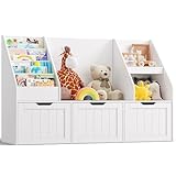 Gizoon Kids Toy Storage Organizer with Reading Nook, Kids Bookshelf with 3 Movable Drawers, Kids Reading Nook with Bench for Kidsroom Playroom and Bedroom, White, Painted