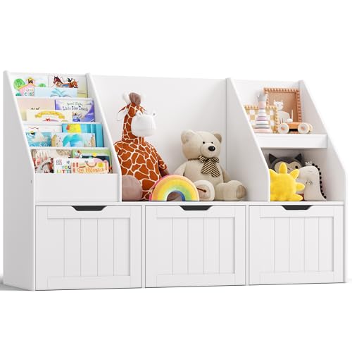 Gizoon Kids Toy Storage Organizer with Reading Nook, Kids Bookshelf with 3 Movable Drawers, Kids Reading Nook with Bench for Kidsroom Playroom and Bedroom, White, Painted