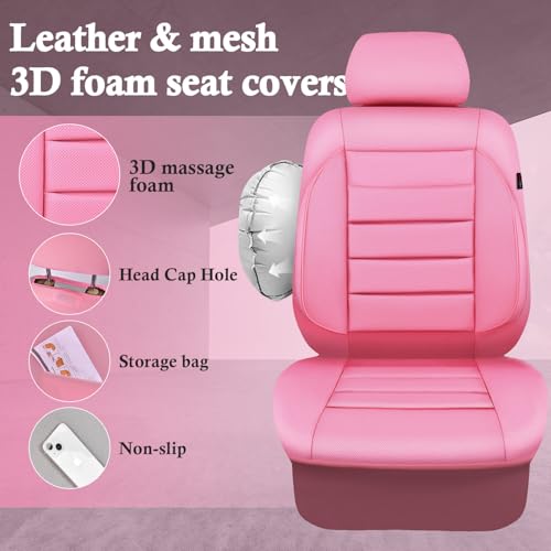 Image of CAR PASS Pink Leather Seat Covers Full Set Universal Water Resistant 3D Foam Back Support, Luxury Comfort Automotive 5 Seat Covers for Women All Season Fit SUV,Sedan,Van, Airbag Compatible Pink