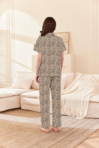Image of Ekouaer Women's 100% Cotton Pajamas Set Short Sleeve Button Down Pjs 2 Piece Soft Sleepwear with Long Pants Lounge Set