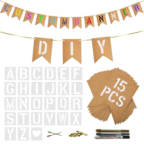 15 PCS Custom Banner Set DIY Blank Flags with Letter Stencil Markers Ribbon Personalized Painting Banner for Party Birthday