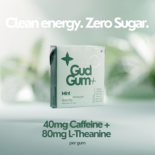 Image of Gud Gum Caffeine Gum Variety Pack with Xylitol - 4 Pack Assorted Flavors (Cola, Raspberry, Cold Coffee, Mint) - Sugar-Free, Fast-Acting Energy Gum for Focus, Alertness & On-the-Go Boost (Mint)