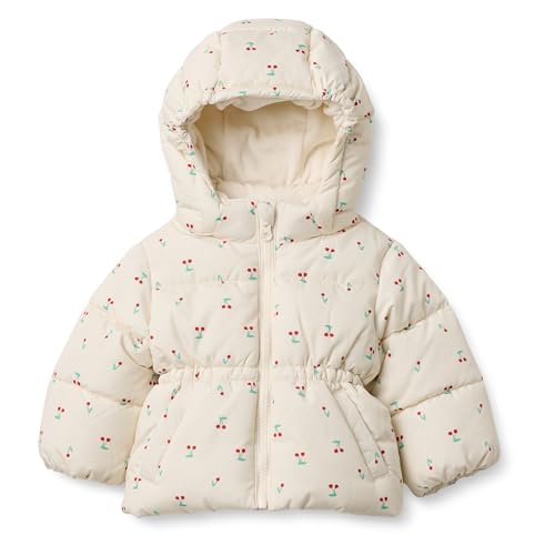 Amazon Essentials x Sofia Grainge Toddler Girls' Water-Resistant Hooded Puffer Jacket, Ivory Cherries, 4T