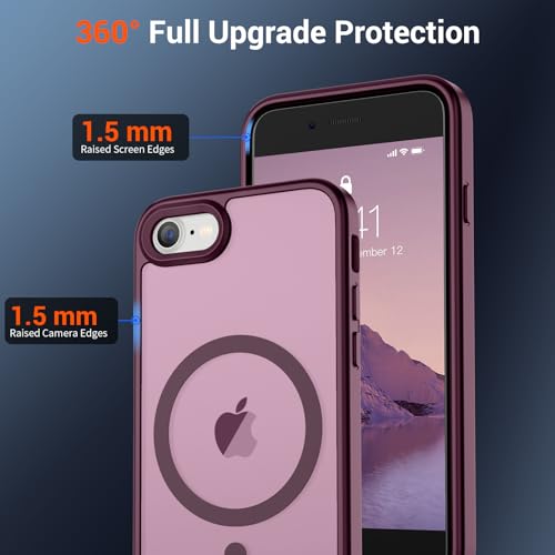 Image of SUPFINE Magnetic for iPhone SE Case 2022 (3rd) /2020 (2nd), iPhone 8 Case with Screen Protector (Compatible with MagSafe) (Military Grade Drop Protection) Translucent Matte Phone Case, Wine Red