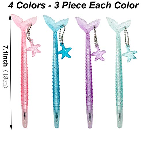 Maydahui 12PCS Cute Mermaid Shape Rollerball Pen Fish Pens Creative Crystal Flash Powder Starfish Pendant Signature Pen Black Gel Ink Design for Girls Women Student