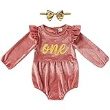 Baby Girl First Birthday Clothes Velvet One Year Old Romper Long Sleeve Bodysuit+Headband 2Pcs Cake Smash Outfits (Pink,12-18 Months)