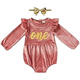 GRNSHTS Baby Girl First Birthday Clothes Velvet One Year Old Romper Long Sleeve Bodysuit+Headband 2Pcs Cake Smash Outfits (Pink,9-12 Months)