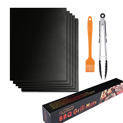 WISDOMWELL BBQ Grill Mat Set of 5 Non Stick Teflon Barbecue Baking Mats for Charcoal, Gas or Electric Grill - Heat Resistant, Reusable and Easy to Clean Free 12' BBQ Tongs and Silicone Brush
