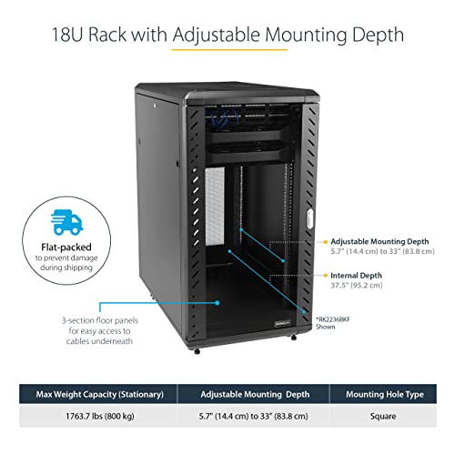 Image of StarTech 18U Enterprise-Grade Server Rack Cabinet, 19in Enclosed 4-Post Rack with 33in (83cm) Mounting Depth and 1764lb (800kg) Weight Capacity | 19in enclosed enterprise steel rack, Adjustable depth 5.7in-33in, Lockable vented doors, Casters & feet