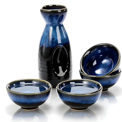 Image of Goaste 5 Pieces Ceramic Sake Set, Kiln-Change Japanese Style Sake Cups, Traditional Pottery Sake Tumbler Set with 1 Carafe and 4 Cups in Dark Blue for Hot or Iced Sake, Dishwasher Safe