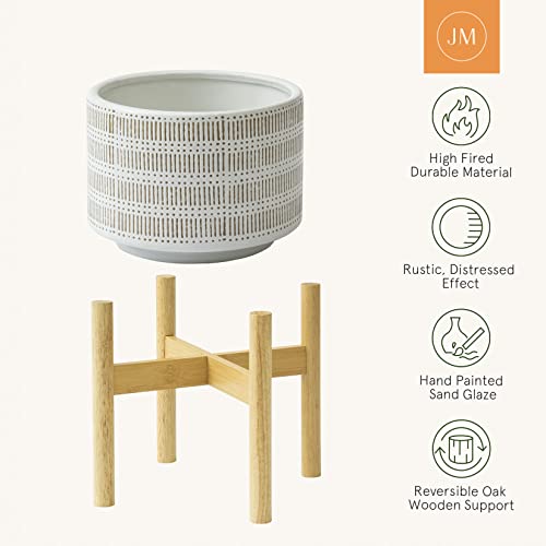 La Jolie Muse Large Ceramic Plant Pot With Stand - 9.4 Inch Boho Cylinder Indoor Planter With Drainage Hole For Snake Plants, Fiddle Fig Tree, Artificial Plants, Sandy Beige & White #TOP4