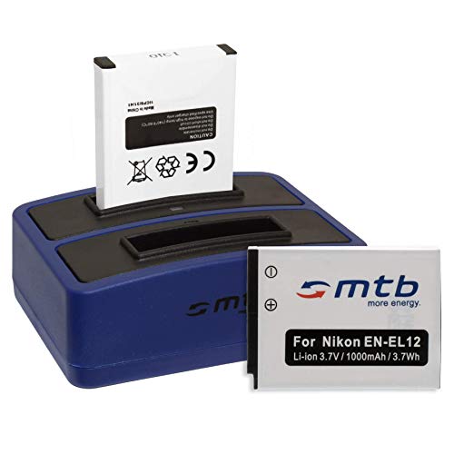 2 Baterías + Cargador Doble (USB) EN-EL12 para Nikon Coolpix A900, S640, S8100, S9700, W300 / KeyMission 360, 170 - Ver Lista - Contiene Cable Micro USB