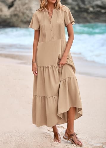 Image of KIRUNDO Summer Maxi Dresses for Women 2026 | Spring Fashion Short Sleeve Tiered Flowy Dress, Button V Neck, Pleated, Loose Fitting, Nursing & Bump Friendly, With Pockets