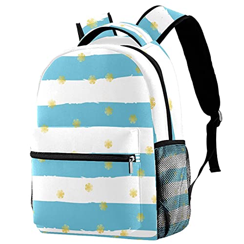 Sac à dos voyage rayé bleu et blanc avec motif flocon doré et porte-bouteille