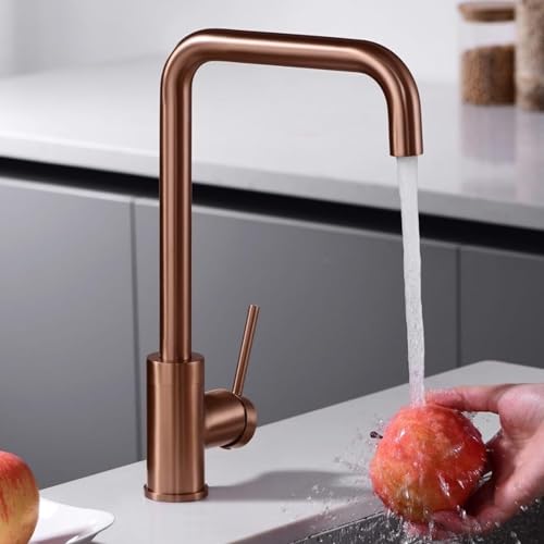 IMEX - Grifo Cocina Caño Alto | Grifo Monomando Fregadero Color Oro Rosa Cepillado | Griferia Cocina | Grifo en Latón con Cartucho Cerámico Ø35mm | Serie Loira