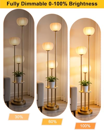 Image of Lightdot Gold Dimmable Floor Lamp with Table, Mid Century Modern Floor Lamps with Pumpkin Lampshade & Bulbs, 3-Light Tall Standing Lamp for Living Room /Bedroom /Sofa Beside /Corner Decor