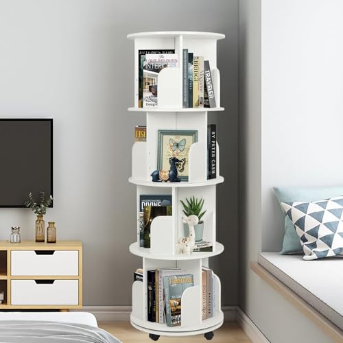 Nisorpa Estantería giratoria de 4 niveles, estantería giratoria de 360° con ruedas, estante de almacenamiento de esquina para dormitorio, sala de estar, estudio, oficina