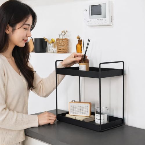 Image of Homeor 2-Tier Metal Countertop Organizer | Heavy Duty Standing Rack for Kitchen Spice Storage & Bathroom Vanity | Multi-Purpose Shelf For Kitchen, Cosmetic & Toiletry Display Shelf, Black
