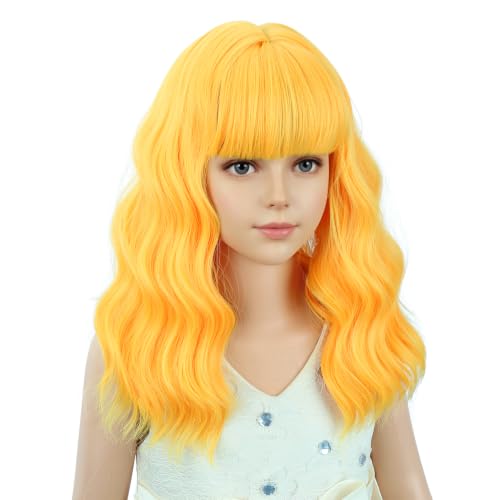 Image of PATTNIUM Yellow Curly Wig for Kids Girls Short Wavy Wigs with Bangs Shoulder Length Wavy Heat Resistant Synthetic Wig