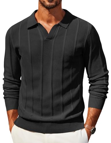 COOFANDY Mens Knit Long Sleeve Polo Sweaters Casual Polo Collared Sweater V-Neck Textured Pullover