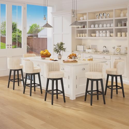 Image of COCO DESIGN Swivel Bar Stools Set of 6, 30 inch Bar Height Mid Century Modern Barstools with Back, Velvet Upholstered Seat and Solid Wood Legs, for Bar Kitchen Island, Cream Beige