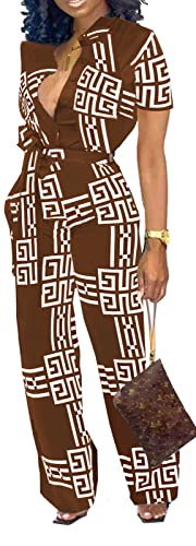 Visichenup Sexy Jumpsuits For Women V-Neck Short Sleeve Long Straight Pants Casual Business Suit Clubwear With Pockets And Belt Medium #TOP2