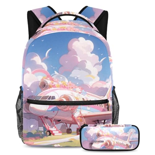 Sac à dos avec trousse intégrée et grand volume scolaire motif avion