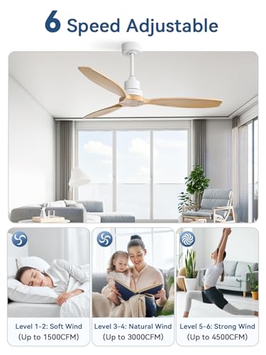 Image of Sofucor 52 Inch Solid Wood Ceiling Fans no Light, Works with App /Alexa /Google, Dimmable 6-Speed Outdoor Ceiling Fan with Remote for Indoor Bedroom Living Room Outdoor Patio Porch, Reversible DC Motor